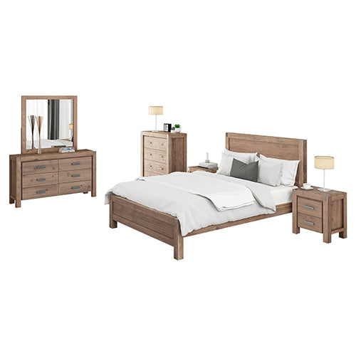 5 Pieces Bedroom Suite in Solid Wood Veneered Acacia Construction Timber Slat Single Size Oak Colour Bed, Bedside Table , Tallboy & Dresser