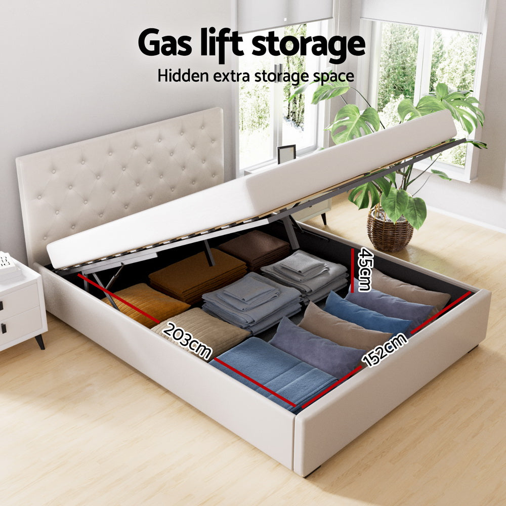 Artiss Bed Frame Queen Size Gas Lift Beige VILA