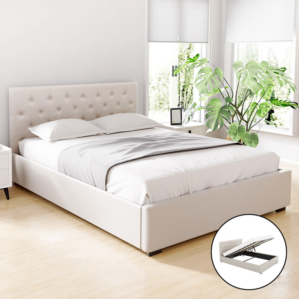 Artiss Bed Frame Queen Size Gas Lift Beige VILA