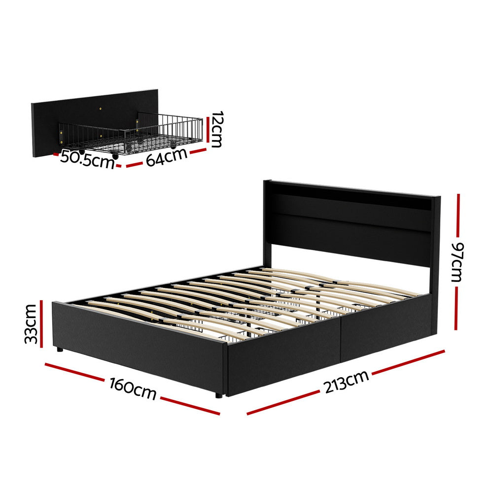 Artiss Bed Frame Queen Size LED with 4 Drawers Black DUNN