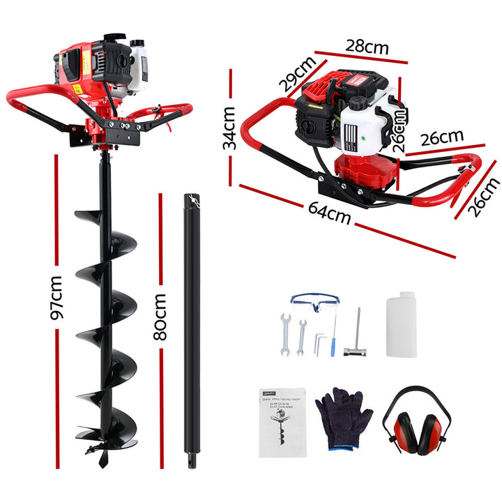 Giantz 65CC Post Hole Digger 200mm Petrol Drill Auger Extension Bits