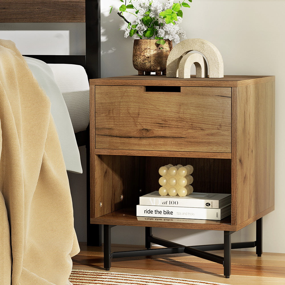 Artiss Bedside Table Drawers Side Table Shelf Storage Nightstand Rust Oak KRAVU