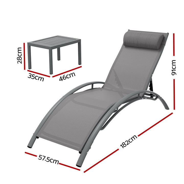 Gardeon 3PC Sun Lounge Outdoor Lounger Steel Table Chairs Patio Furniture Grey