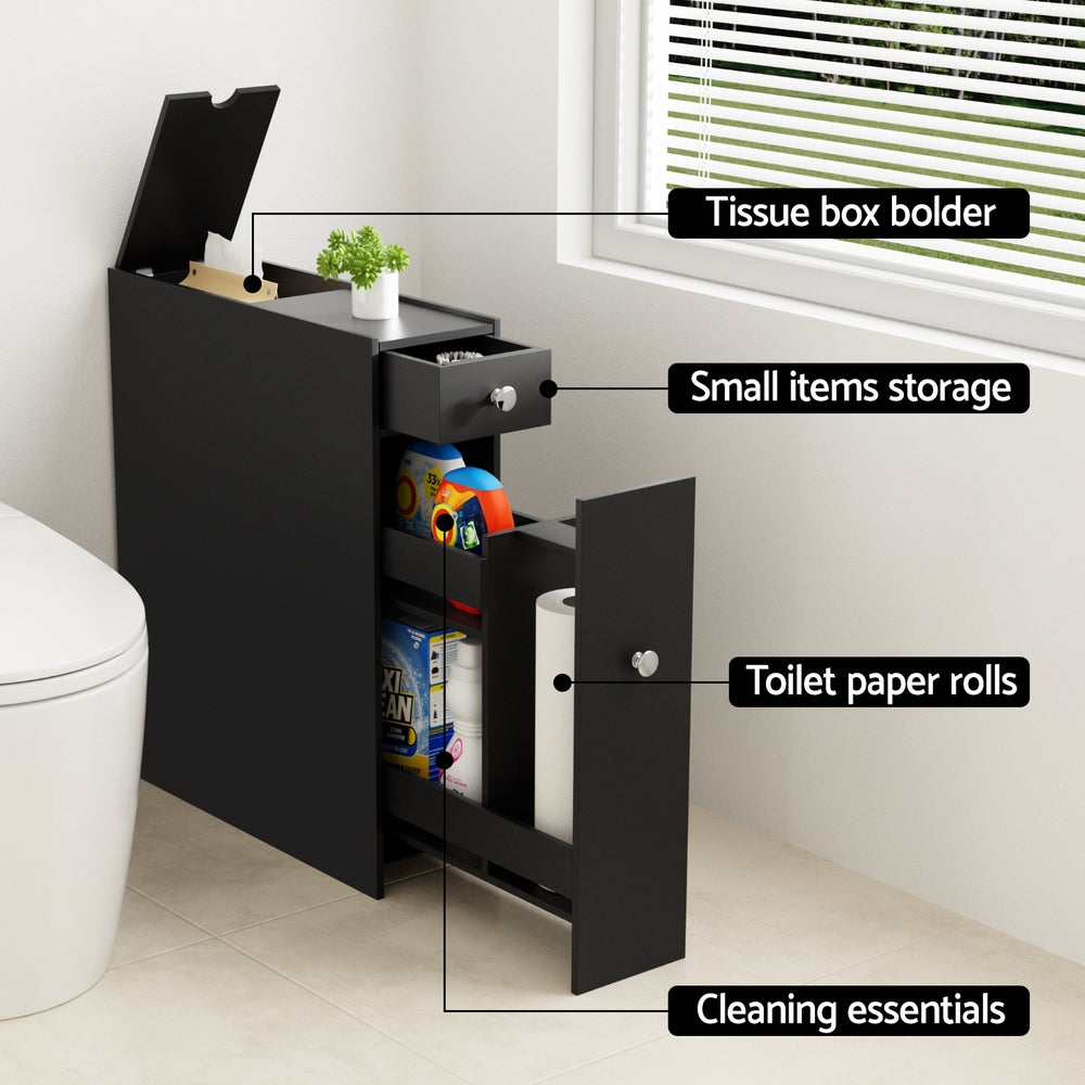 Artiss Bathroom Storage Cabinet Toilet Slim Tissue Box Caddy Holder Side Wooden Black