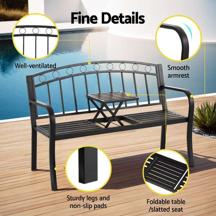 Gardeon Outdoor Garden Bench Seat Loveseat Steel Foldable Table Patio Furniture Black