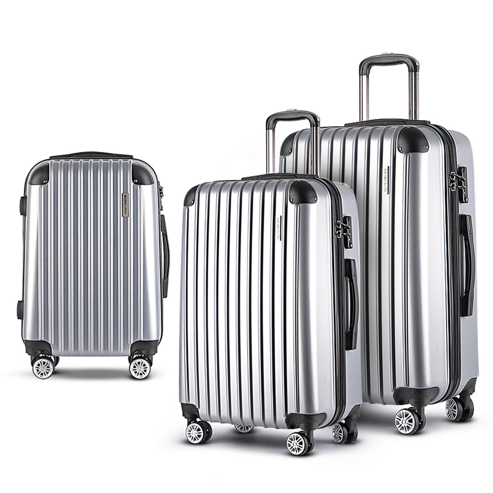 Wanderlite 3pc Luggage Trolley Travel Set Suitcase Carry On TSA Lock Hard Case Lightweight Silver