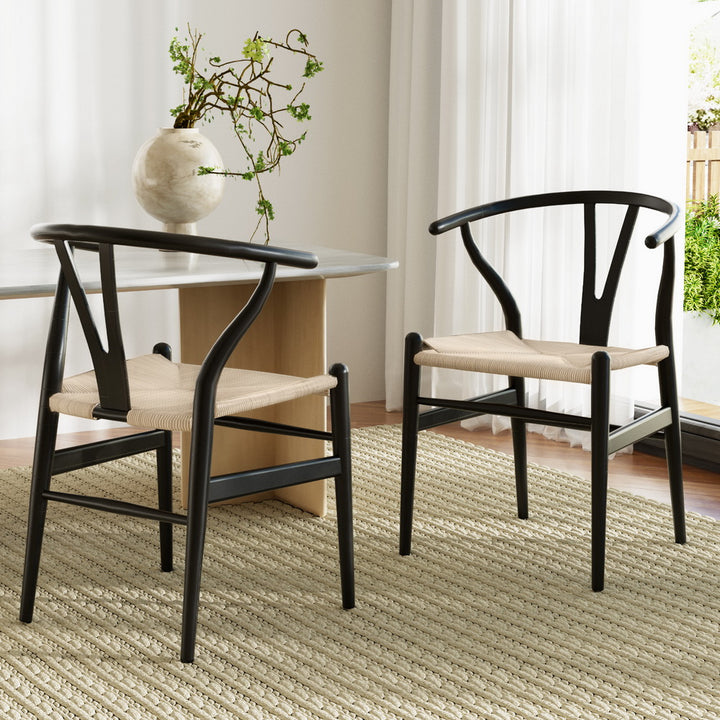 1 Set of 2 Artiss Dining Chairs Wooden Rattan Wishbone Black