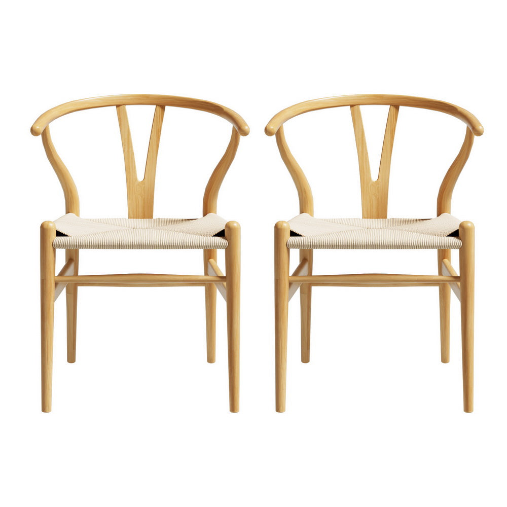 1 Set of 2 Artiss Dining Chairs Wooden Rattan Seat Wishbone Back