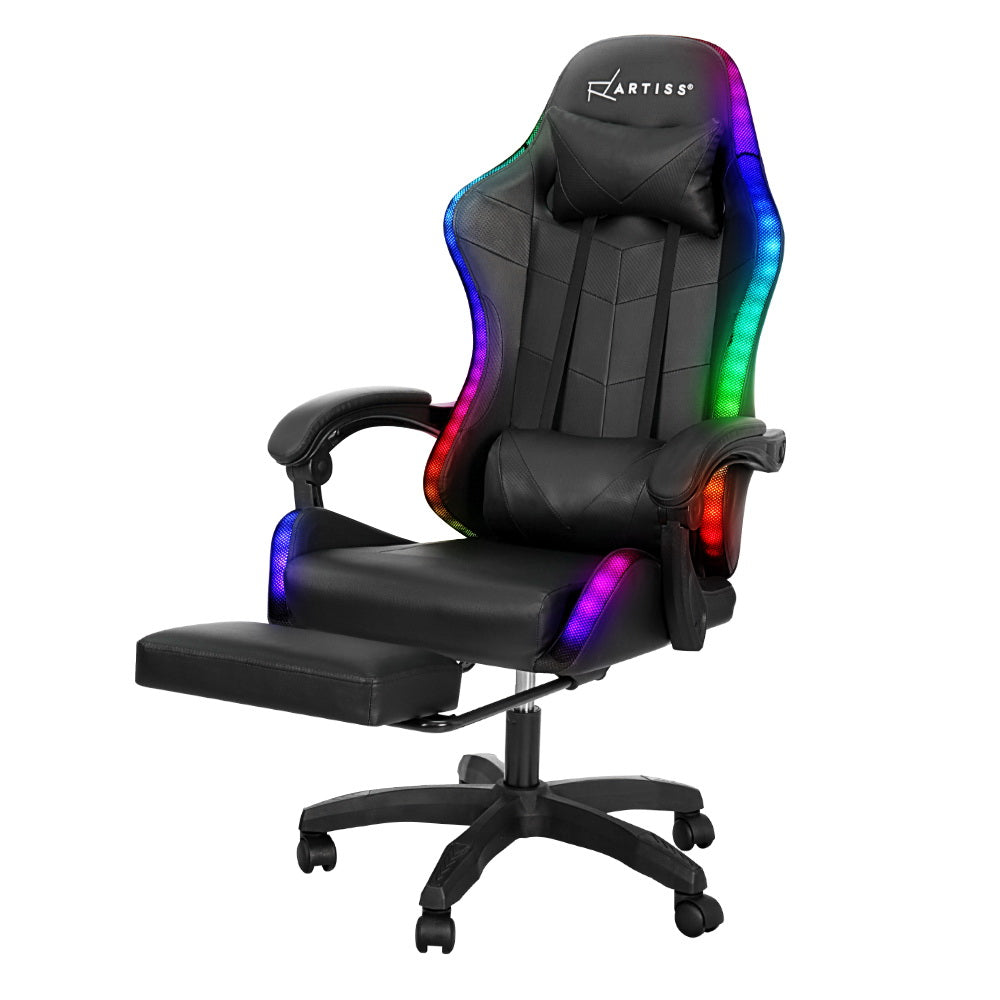 Artiss 6 Point Massage Gaming Office Chair 7 LED Footrest Black