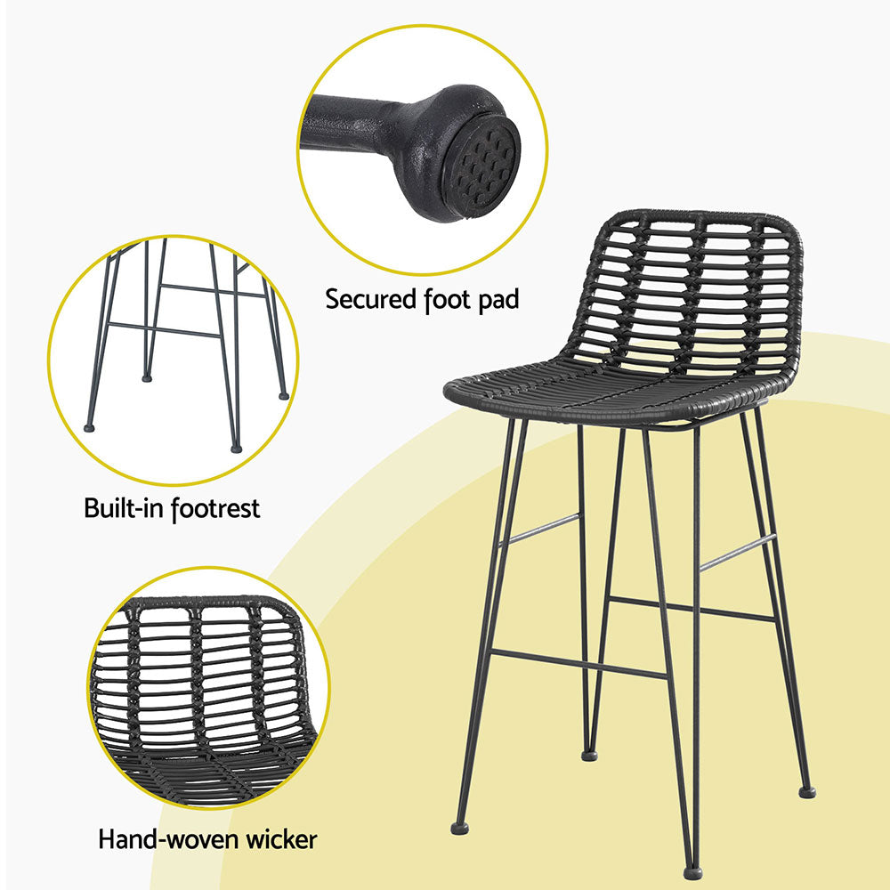 Gardeon 2pcs Outdoor Bar Stools Wicker Dining Chair Bistro Patio Balcony Black