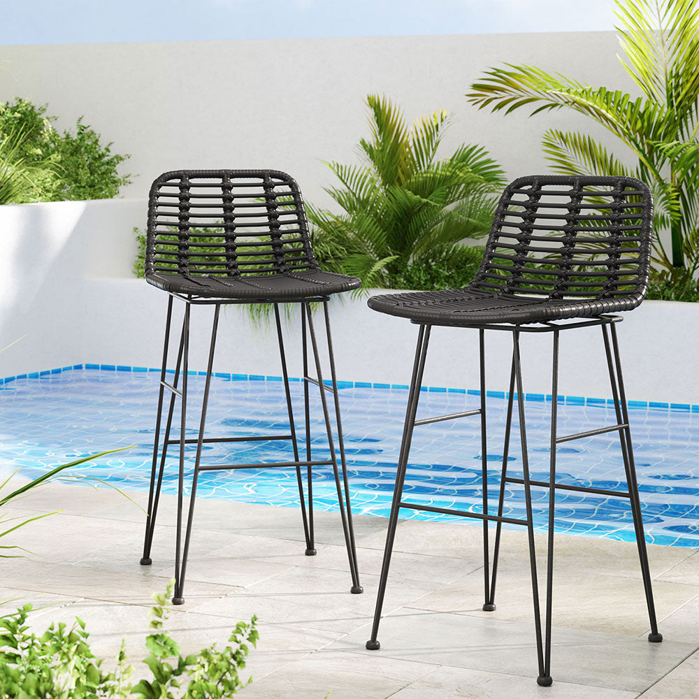 Gardeon 2pcs Outdoor Bar Stools Wicker Dining Chair Bistro Patio Balcony Black