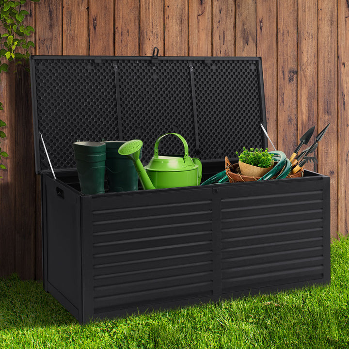 Gardeon Outdoor Storage Box 390L Container Lockable Garden Bench Shed Tools Toy All Black