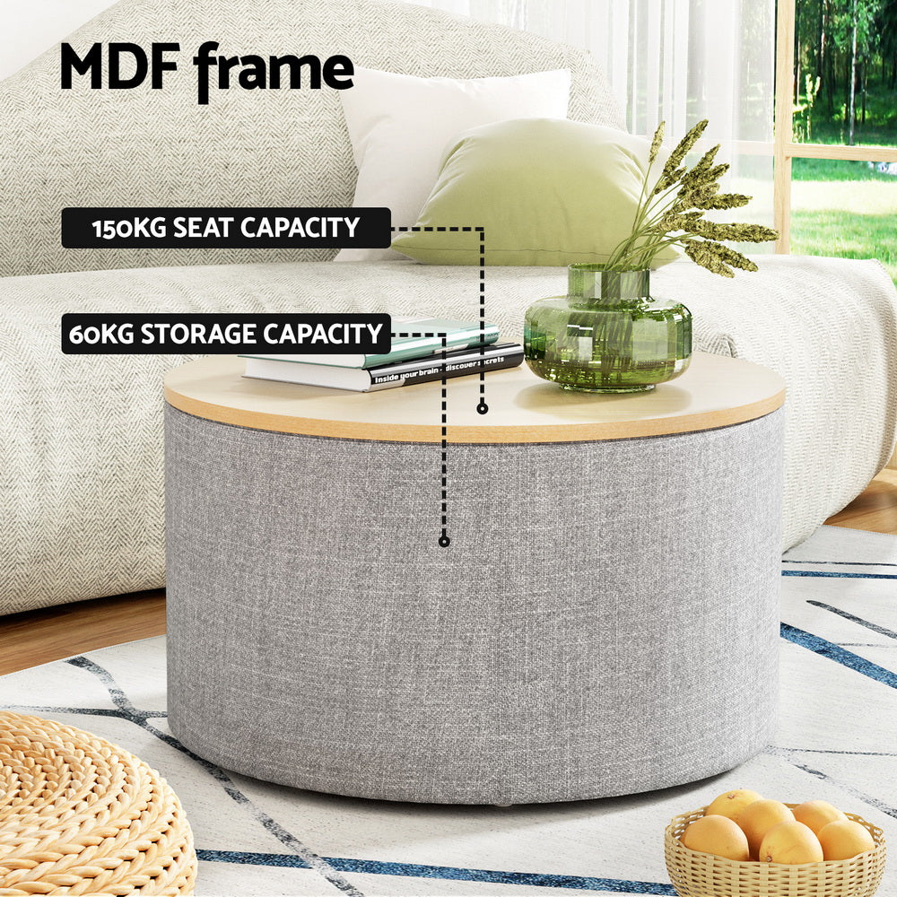 Artiss Storage Ottoman Blanket Box 60cm Linen Round Grey