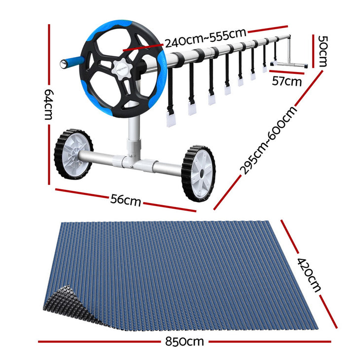 Aquabuddy Pool Cover 600 Micron 8.5x4.2m w/ Blue Roller 5.55m Black Solar Blanket