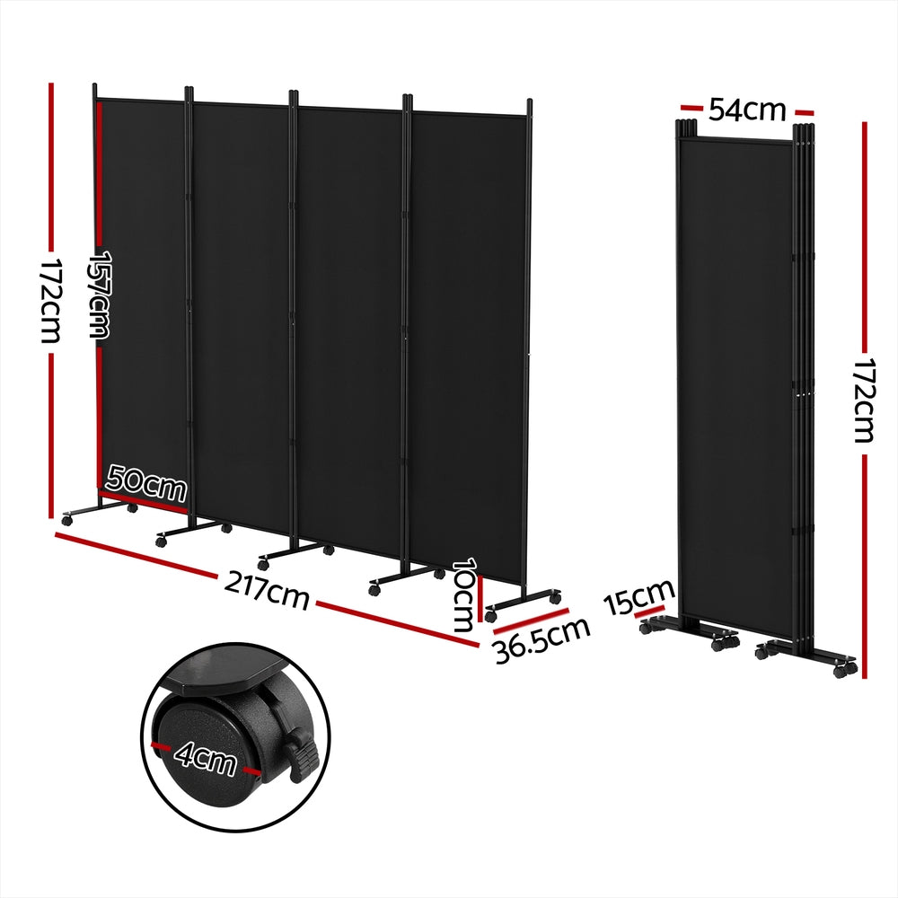 Artiss 4 Panel Room Divider Screen 217cm Wheel Fabric Black