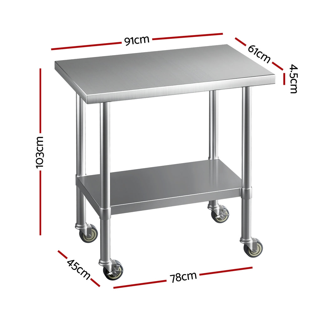 Cefito Stainless Steel Kitchen Benches Work Bench Wheels 91X61CM 430