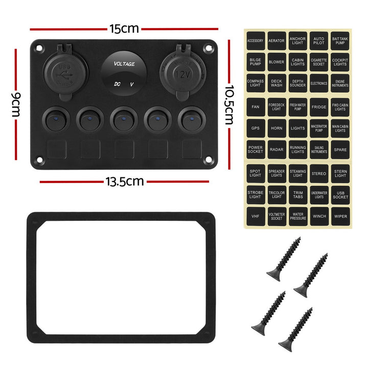 Giantz 5 Gang 12V Switch Panel For Car Boat Marine USB ON-OFF LED Rocker Toggle