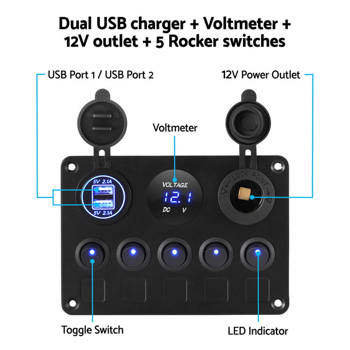 Giantz 5 Gang 12V Switch Panel For Car Boat Marine USB ON-OFF LED Rocker Toggle