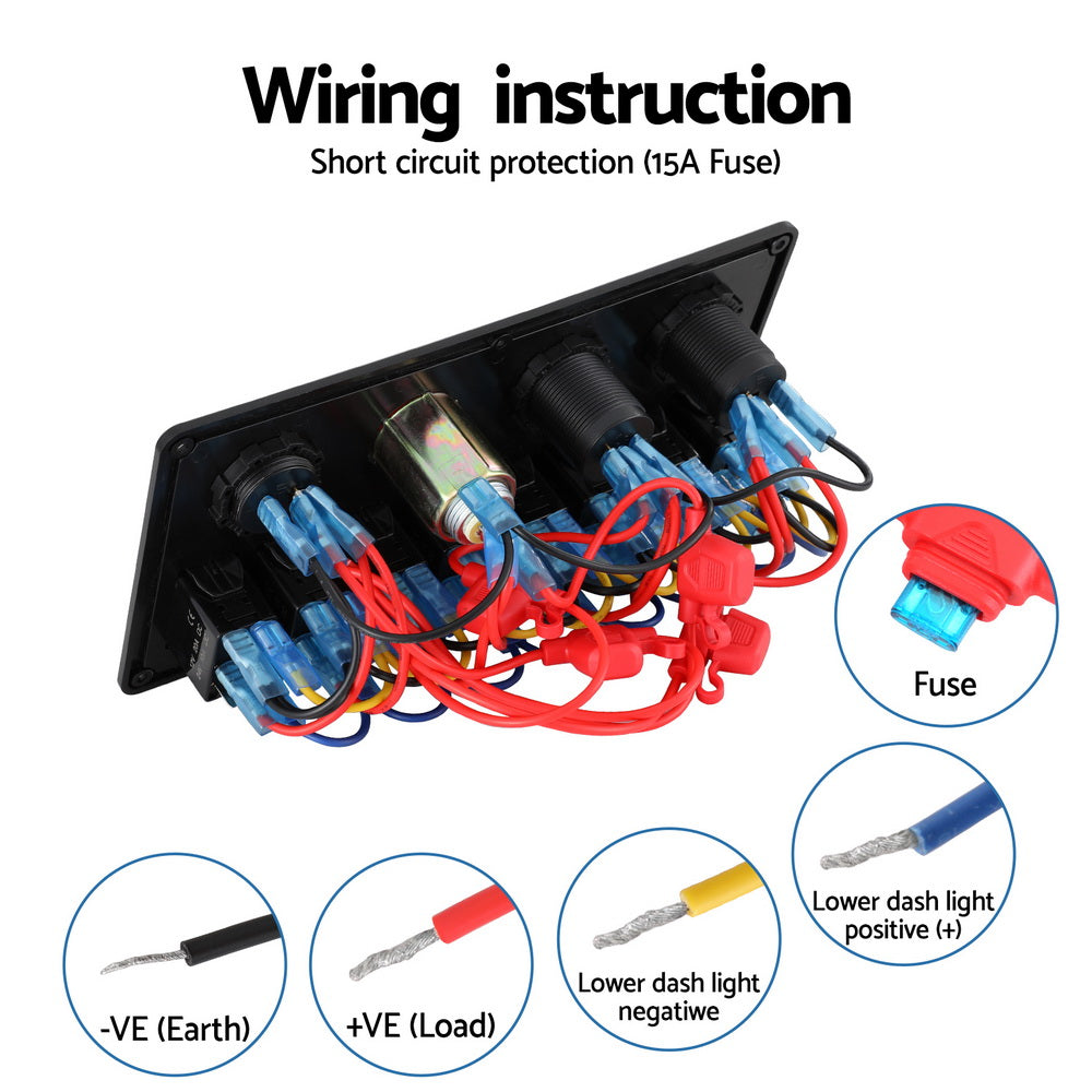 Giantz 8 Gang 12V Switch Panel For Car Boat Marine USB ON-OFF LED Rocker Toggle