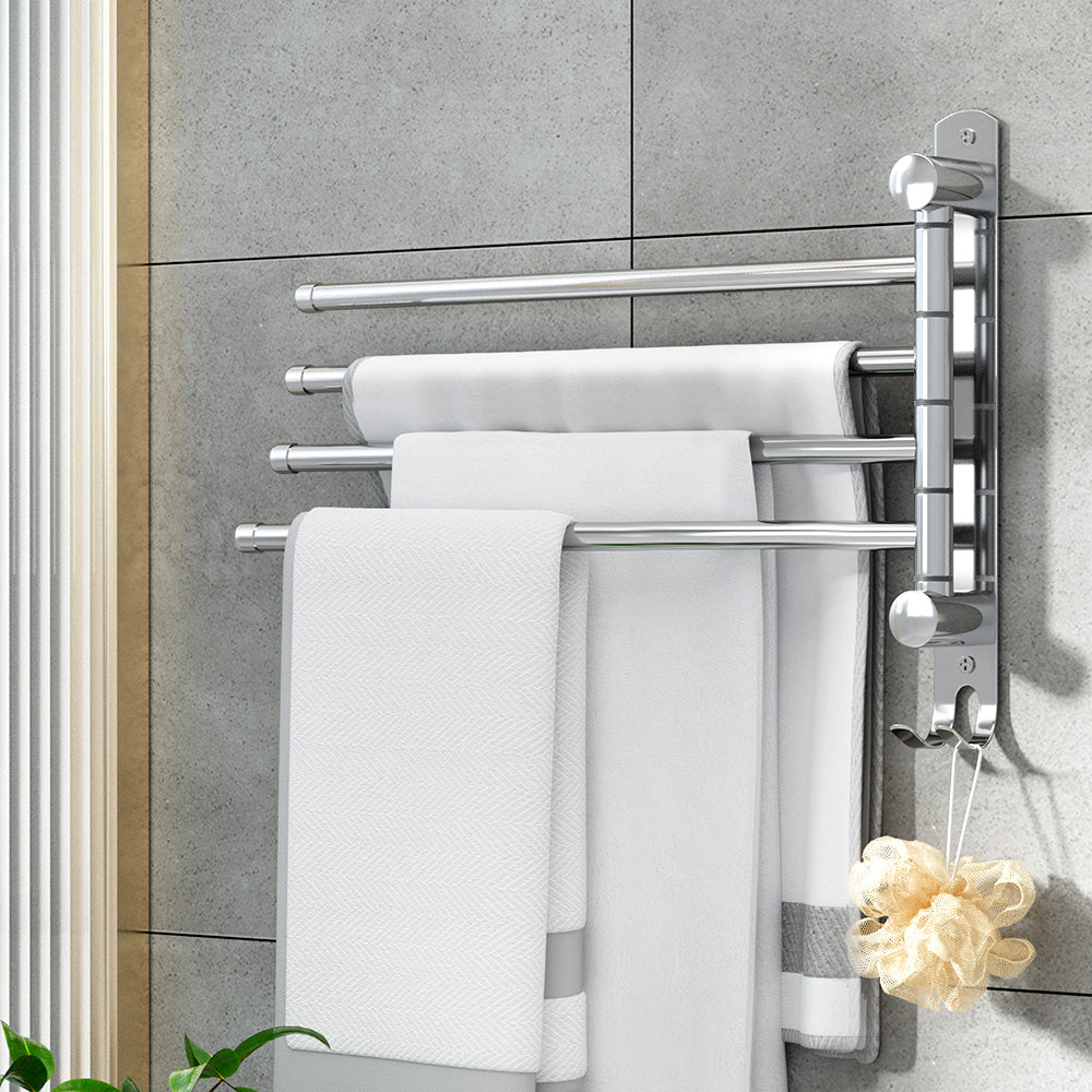 Towel Rail Rack Holder 4 Bars Wall Mounted Stainless Steel Swivel Hanging Hook