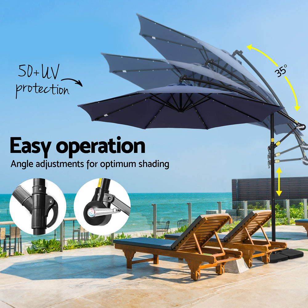 Instahut Outdoor Umbrella 3M Cantilever Beach LED w/Base Garden Shade Patio Navy