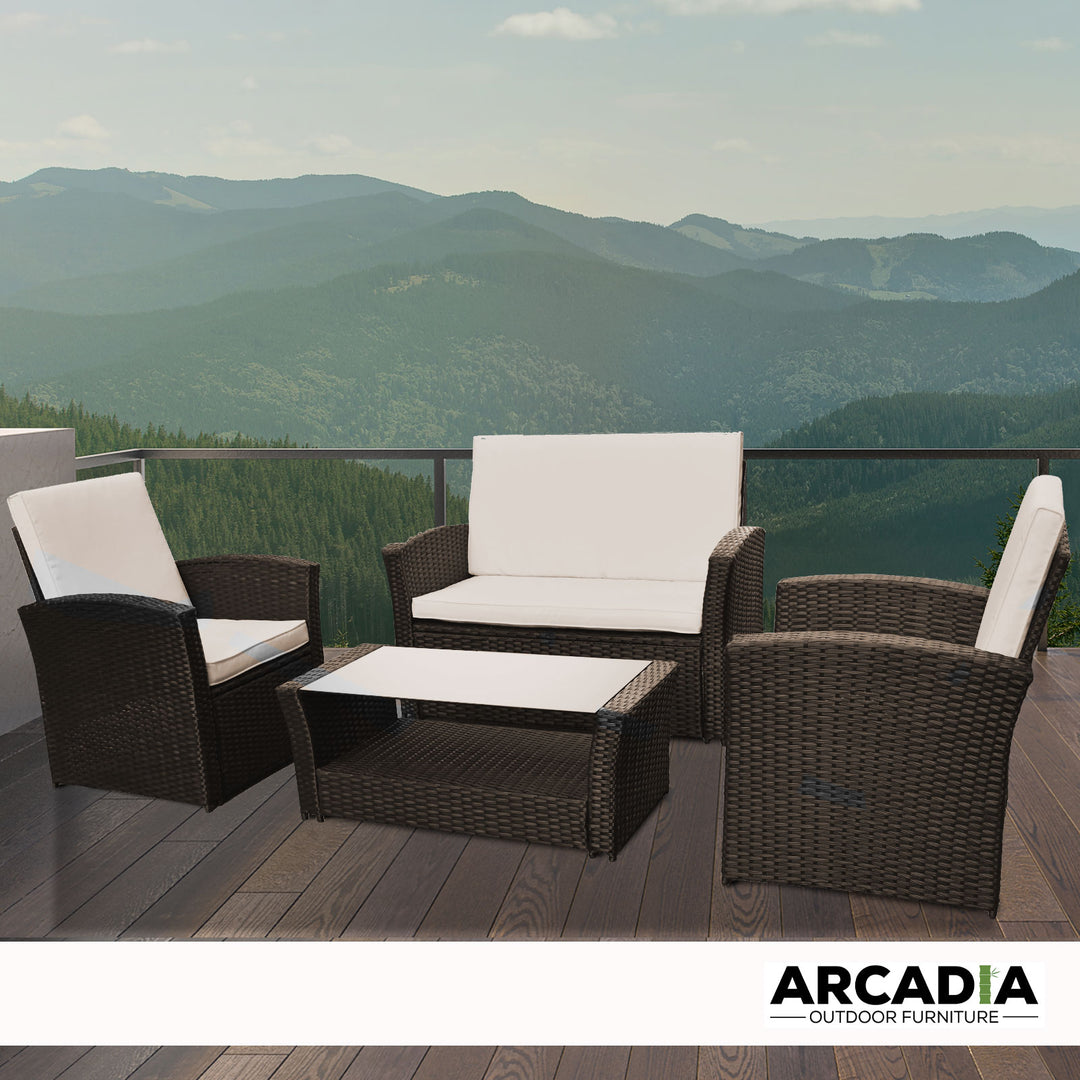 Arcadia Furniture Outdoor 4 Piece Sofa Lounge Set Wicker Rattan Garden - Oatmeal and Grey