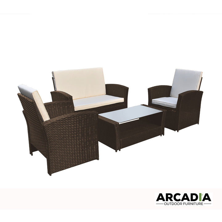 Arcadia Furniture Outdoor 4 Piece Sofa Lounge Set Wicker Rattan Garden - Oatmeal and Grey