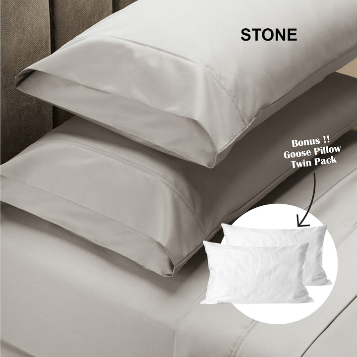 Royal Comfort 4 Piece 1500TC Sheet Set And Goose Feather Down Pillows 2 Pack Set - Double - Stone