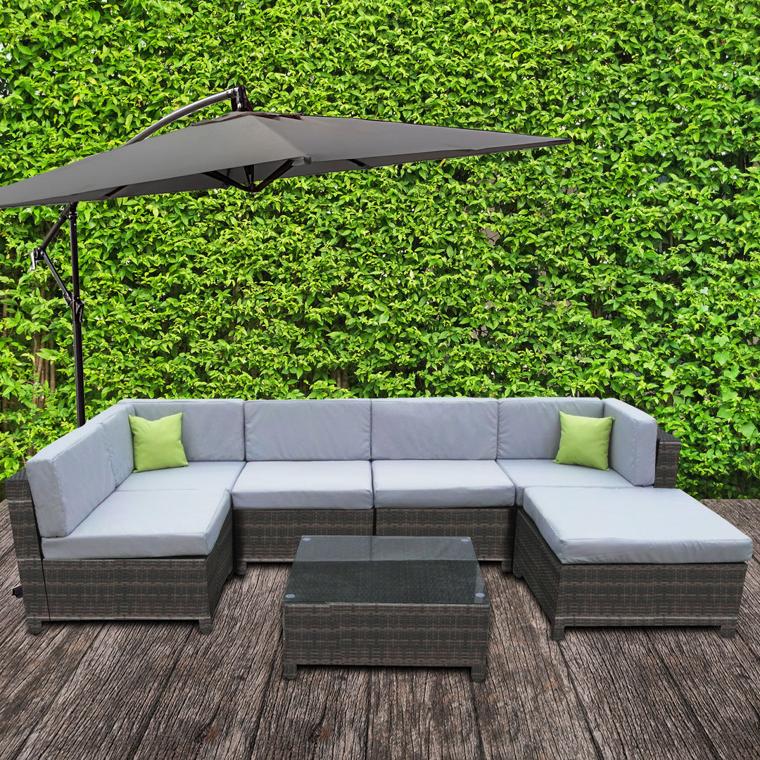 Milano 7 Piece Wicker Rattan Sofa Set Oatmeal Grey Outdoor Lounge Furniture