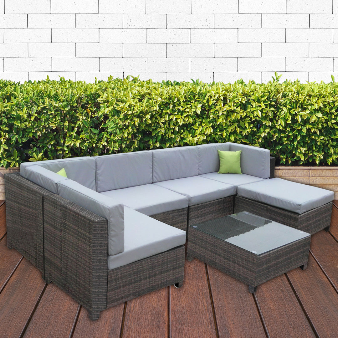 Milano 7 Piece Wicker Rattan Sofa Set Oatmeal Grey Outdoor Lounge Furniture