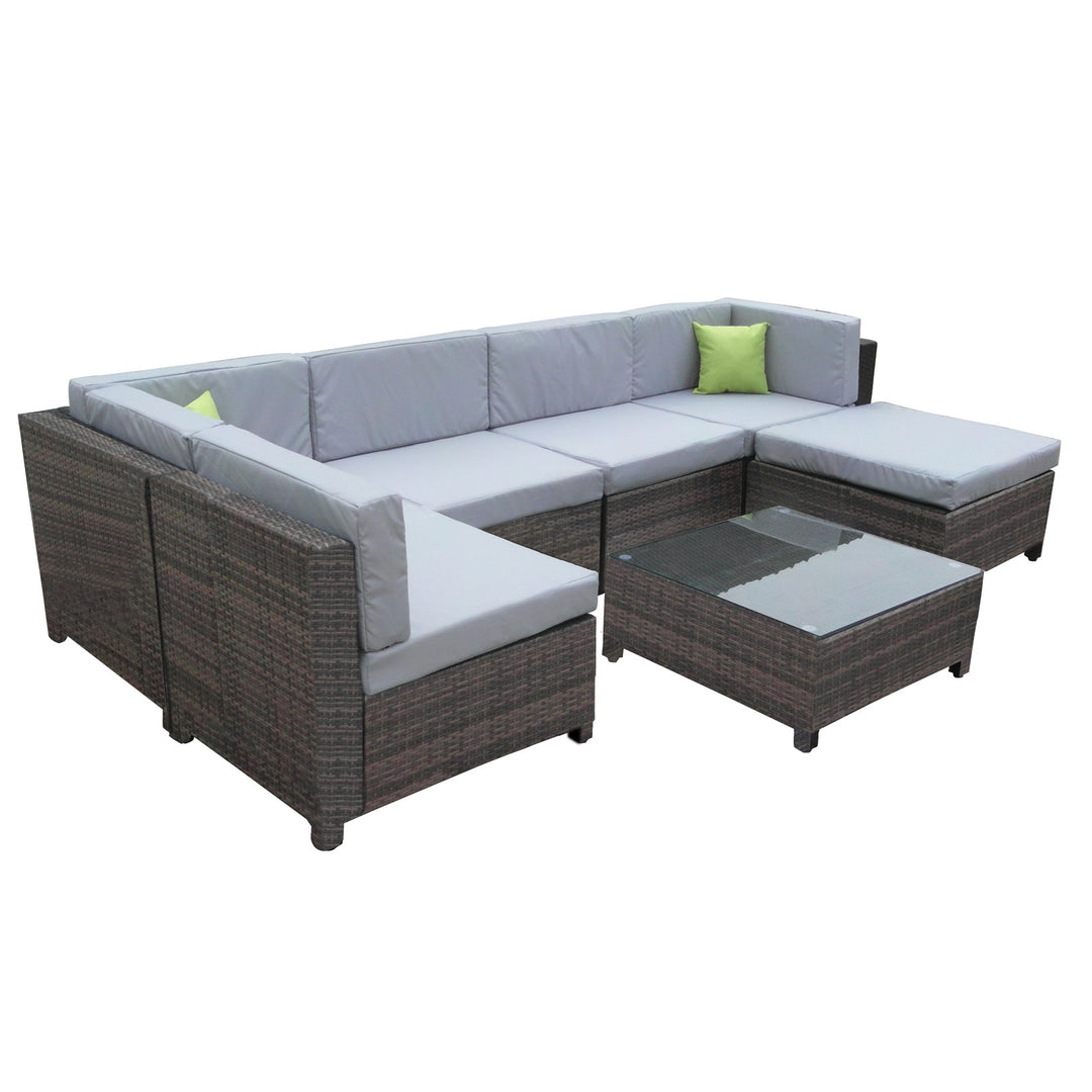 Milano 7 Piece Wicker Rattan Sofa Set Oatmeal Grey Outdoor Lounge Furniture