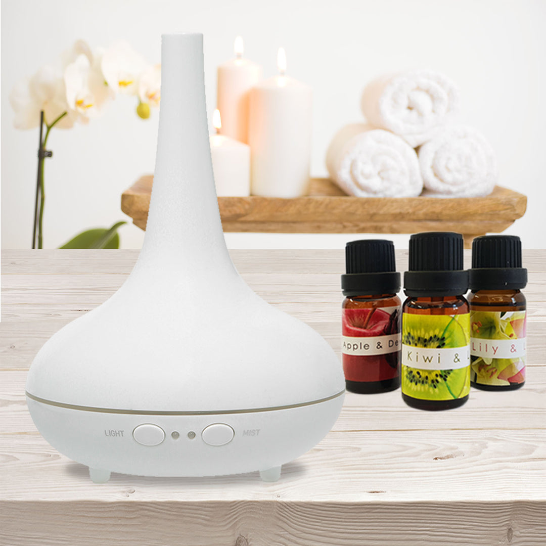 Essential Oil Diffuser Ultrasonic Humidifier Aromatherapy LED Light 200ML 3 Oils - White