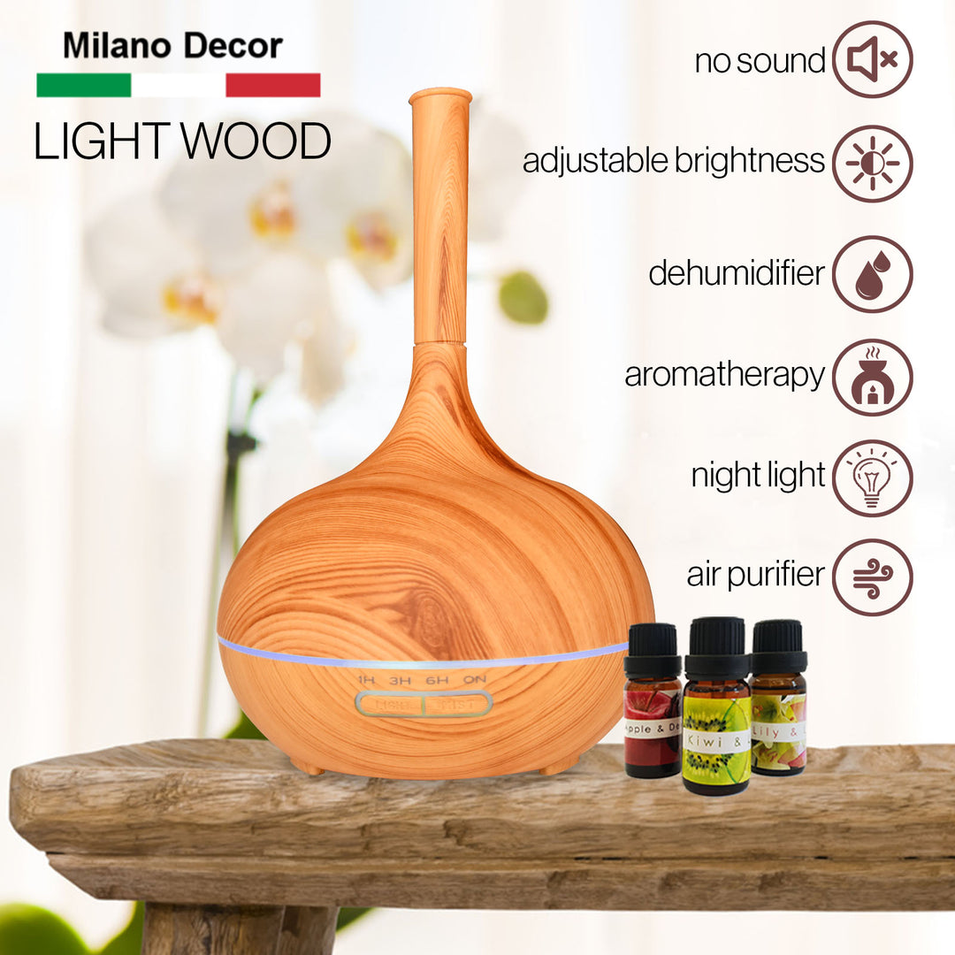 Milano Supreme Ultrasonic 400ml Aromatherapy Humidifier Diffuser LED with 3 Oils - Light Wood