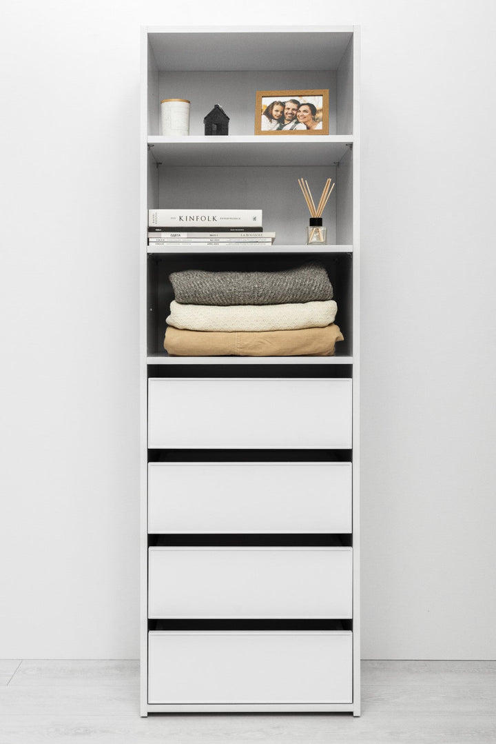 GENEVA THREE SHELF/FOUR DRAWER BUILT IN WARDROBE - SLIM SHAKER - WHITE