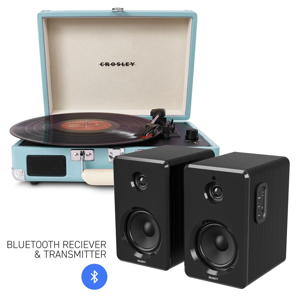 CROSLEY Crosley Cruiser Bluetooth Portable Turntable - Turquoise + Bundled Majority D40 Bluetooth Speakers - Black