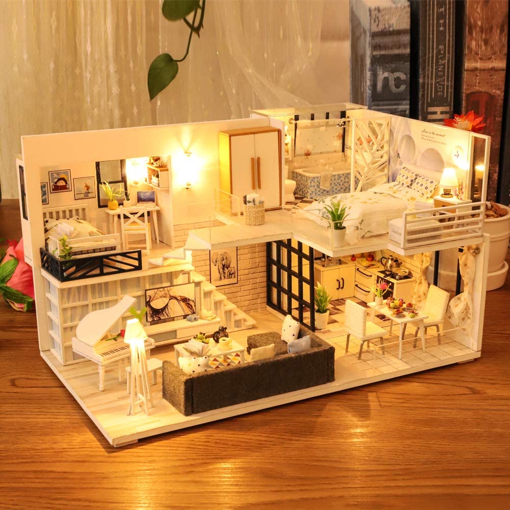 Dollhouse Miniature with Furniture Kit Plus Dust Proof and Music Movement - Happy time (1:24 Scale Creative Room Idea)