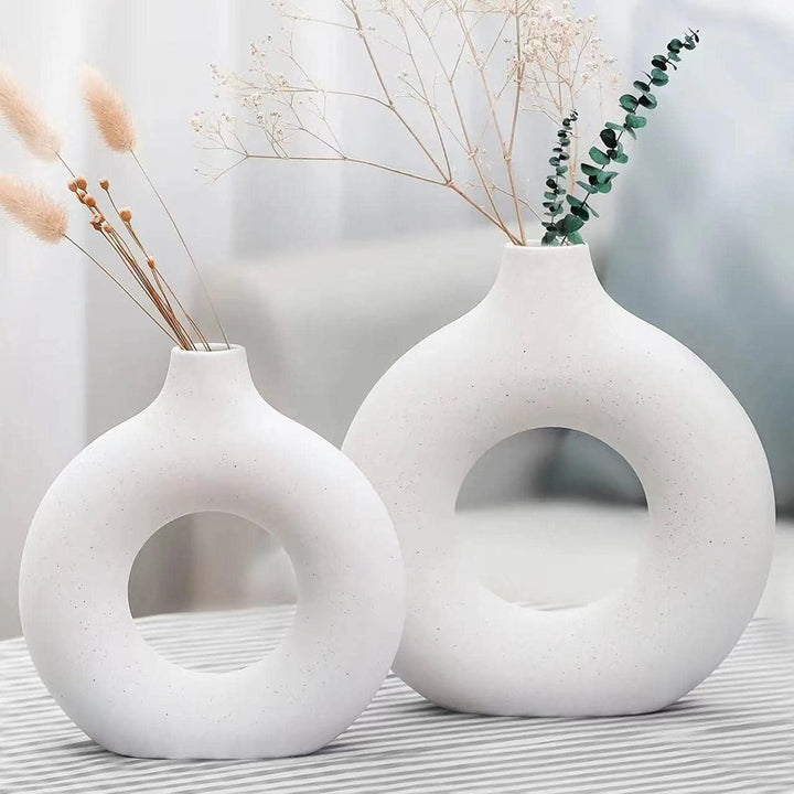 Ceramic Set of 2 Creative Round White Vases for Home Decor