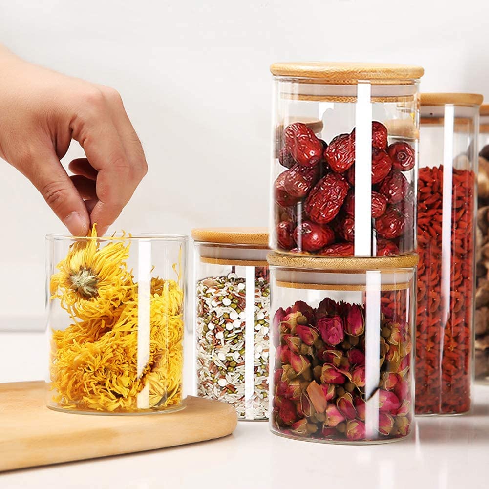 12 Pieces Glass Spice Jars for Kitchen Canisters with Airtight Bamboo Lids and Labels (250 ml)