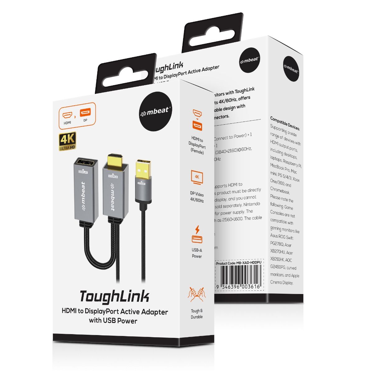 mbeat Tough Link HDMI to DisplayPort Adapter with USB Power