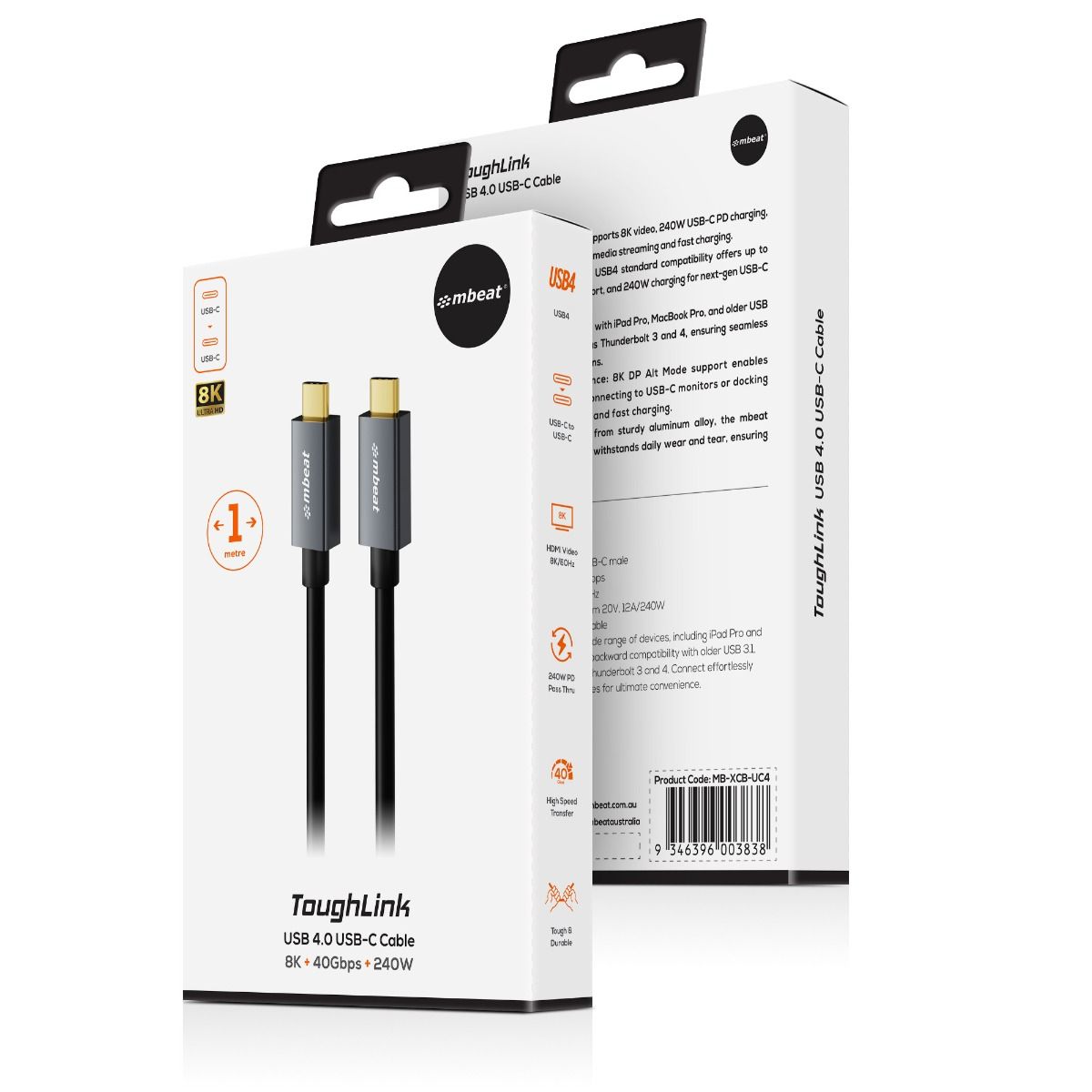 mbeat Tough Link 1m USB 4.0 USB-C Cable - Space Grey