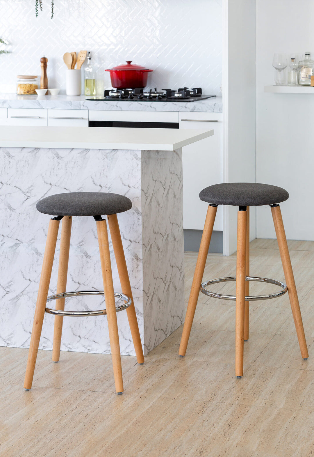 2 Cotton/Steel Modern Padded Barstools (Grey/Wood)