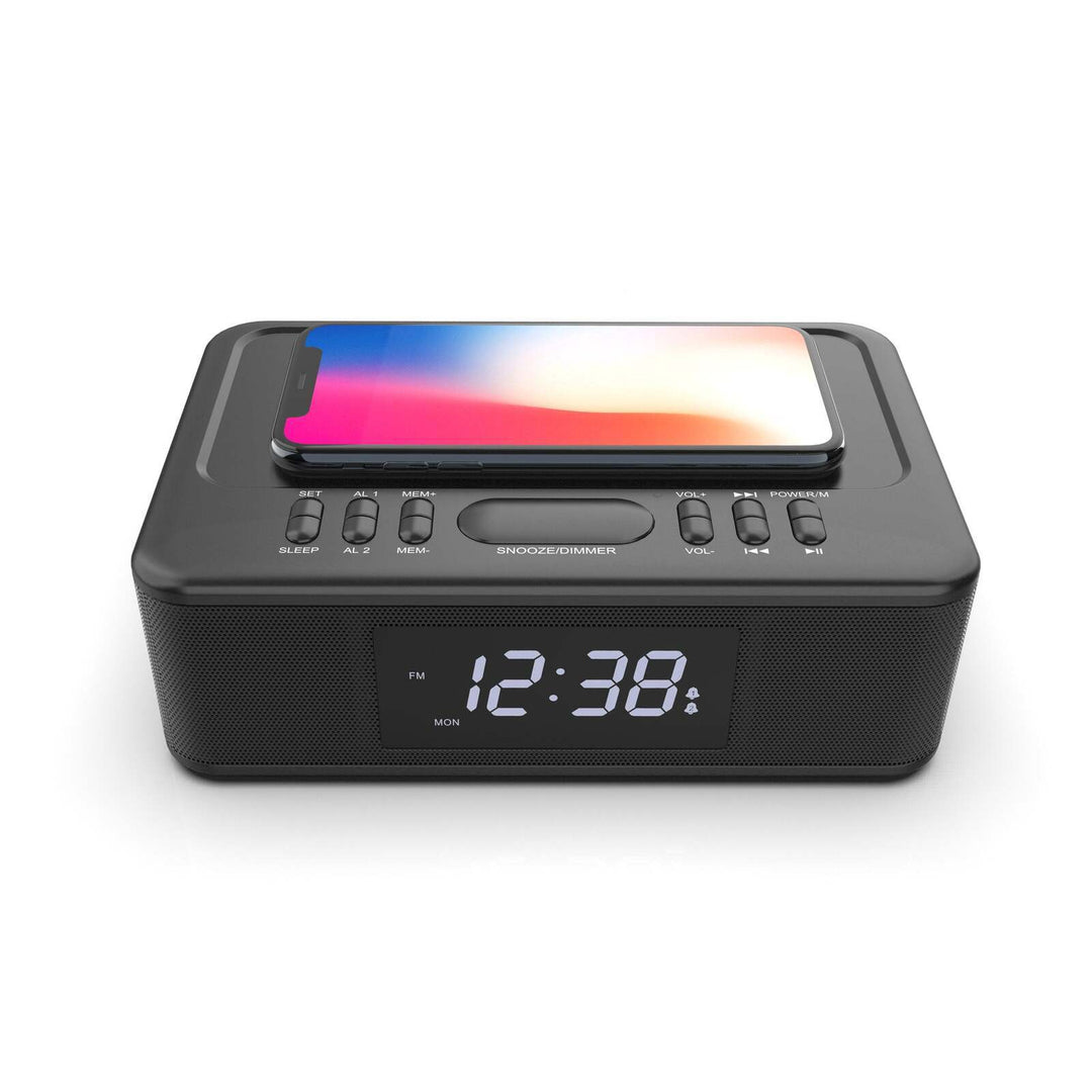 2in1 10W Wireless Fast Charging Wireless Streaming/FM Radio Alarm Clock w/ USB/AUX