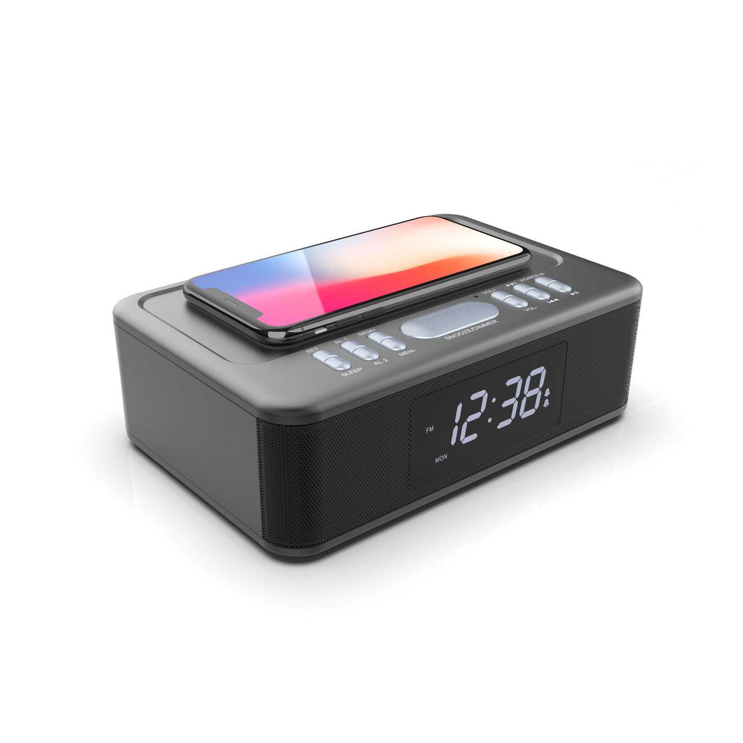 2in1 10W Wireless Fast Charging Wireless Streaming/FM Radio Alarm Clock w/ USB/AUX