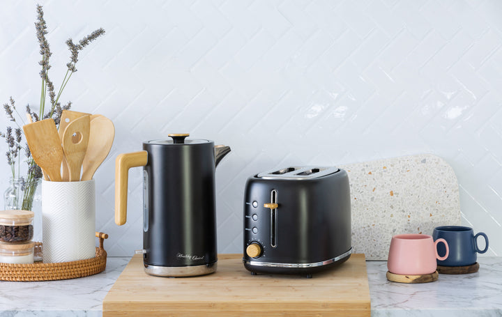 1.7L Kitchen Kettle and 2-Slice Bread Toaster Set in Black with Wood Accents