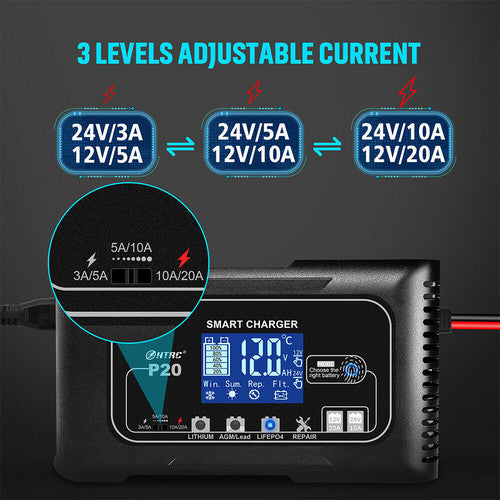 12/24V Automatic Car Battery Charger For Lithium Lifepo4 Lead-Acid AGM/Gel/SLA