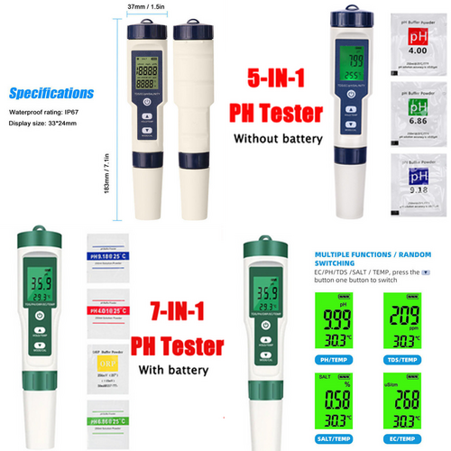 Set 7 In 1 and 5 in 1 PH Meter TDS/EC/Salt/Temp Water Quality Monitor Tester Pen