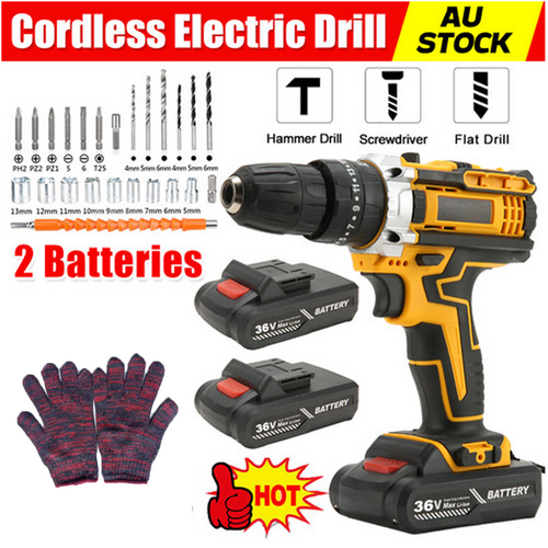 36VF BRUSHLESS HEAVY DUTY CORDLESS DRILL IMPACT DRIVER KIT HAMMER +2 BATTERY Box