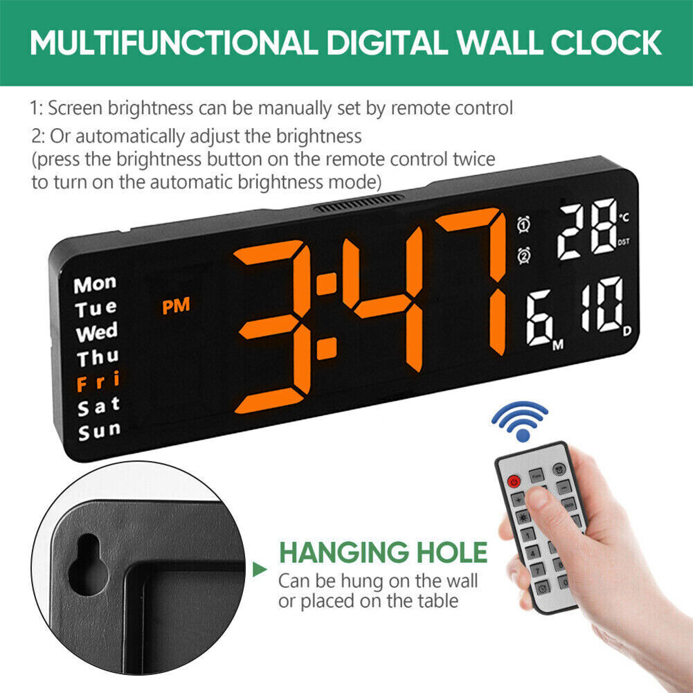 13" Orange Large Digital Big Jumbo LED Wall Desk Clock Display With Temperature Calendar