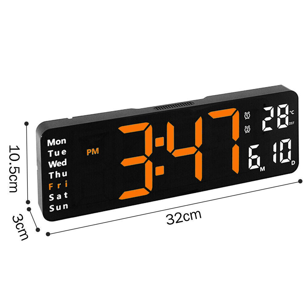 13" Orange Large Digital Big Jumbo LED Wall Desk Clock Display With Temperature Calendar