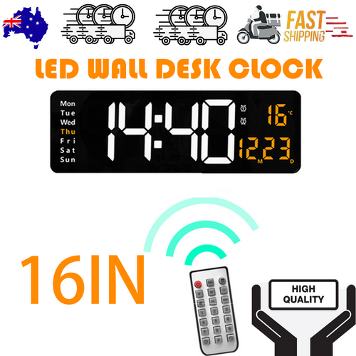 16" Orange Large Digital Big Jumbo LED Wall Desk Clock Display With Temperature Calendar